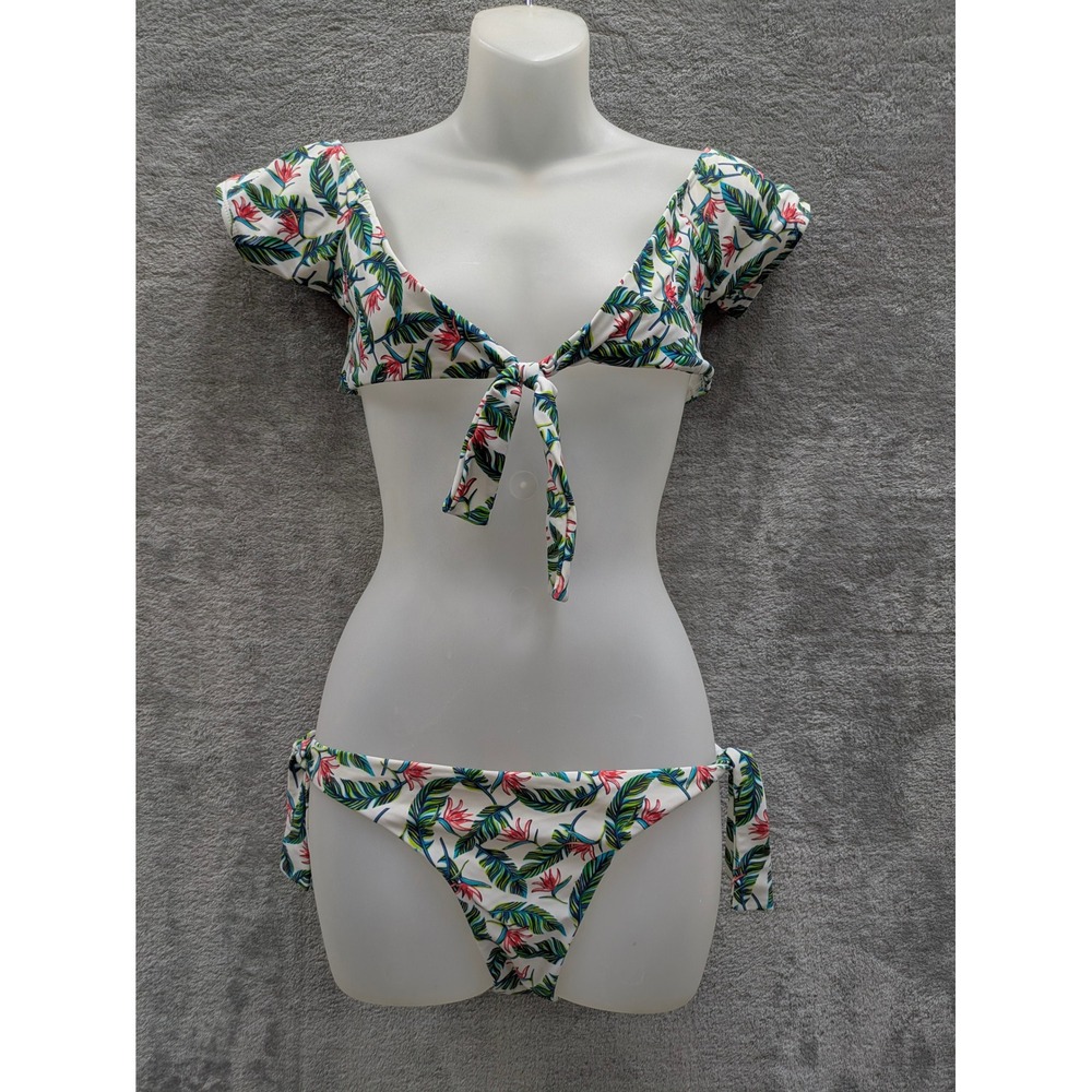 Tropical Floral Bikini Set Womens Small Cabana del Sol Front Tie Cap Sleeve 2pc